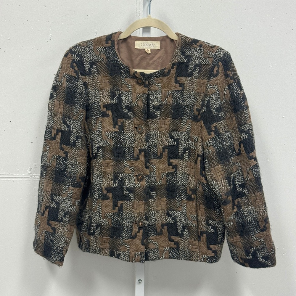 Cassidy Vintage Wool Jacket Houndstooth Blazer Made in Japan Size 8 Brown Black